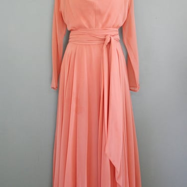 1970s Peach Chiffon Cocktail Dress- MARITA by Anthony Muto- Marked Size 12 