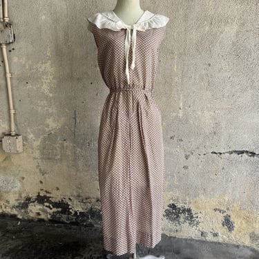 Vintage 1930s Brown & White Cotton Day Dress Bow Geometric Print Belt 1920s
