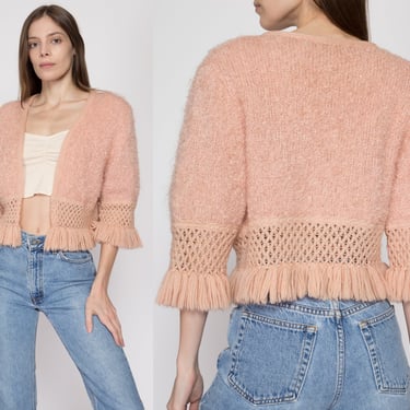 Medium 80s Blush Pink Cropped Fringe Cardigan | Vintage Boucle Knit Open Fit Sweater 