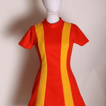 1970s Ketchup Red and Mustard Yellow Striped Mod Burger King Uniform Mini Dress with Matching Hat Uniform by Pretti Careers -XS 