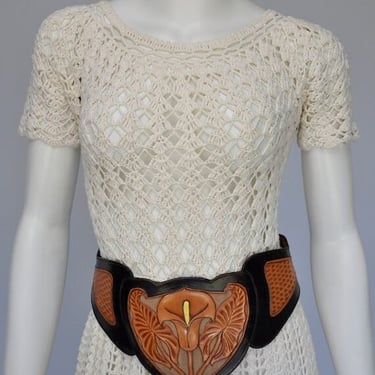 ON SALE 1960s 70s wide tooled leather belt with calla lily 28-33 