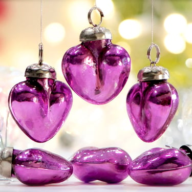 VINTAGE: 5pc Small Thick Mercury Glass Heart Ornaments - Mid Weight Kugel Style Ornaments - Purple Heart Pendants 