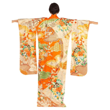 1940S Orange, Green  Metallic Gold Floral Silk Kimono 