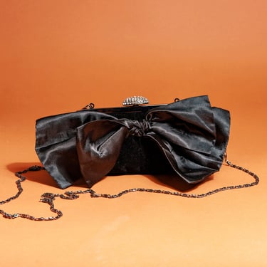 50s Black Velvet Bow Evening Purse Vintage Luxury Silver Rhinestone Shoulder Strap Clutch 
