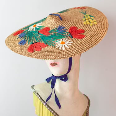 Iconic 1930's French Riviera Embroidered Straw Sun Hat From Nice