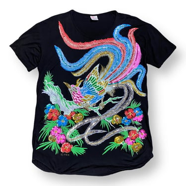 Vintage Bali Moon Beaded Sequins Bird and Floral T-shirt 100% Rayon Hand Made in Bali Indonesia 