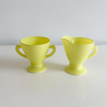 Hazel Atlas Informal Green & Yellow Creamer and Bowls Colored Milk Glass Dinnerware by Hazel Atlas USA Vintage 1950s 
