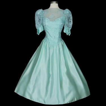 Vintage 80s Seafoam Light Blue Green Lace Satin Puff Sleeves Hi Lo Long Prom Gown Party Dress S Small Bridesmaid Ballgown Bows Formal Dance 