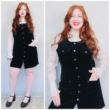 1990s Vintage Lizwear Black Velvet Mod Dress / 90s / Nineties Button Front Pinafore Mini Dress / Large - XL 