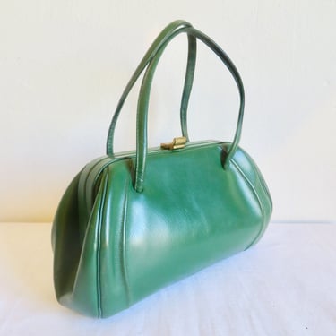 1950's Forest Green Leather Purse Double Top Handles Gold Clasp and Hardware Rockabilly Bags 50's Handbags 