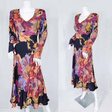 1990's Bias Cut Autumnal Color Floral Rayon Dress I Sz Sm I Carol Little 