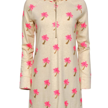 Lilly Pulitzer - Beige &amp; Pink Beaded Palm Tree Print &quot;Skipper&quot; Hoodie Dress Sz S