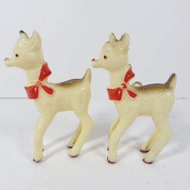 Mid Century Plastic Reindeer Christmas Ornaments - Set of 2 Plastic Reindeer Ornaments 