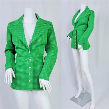 1970's Apple Green Polka Dot Poly Blazer I Suit Coat I Sz Med 
