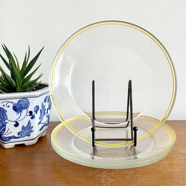 Set of 4- Vintage Arcoroc France Dinner Plates, Clear with Yellow Accent Rim, MCM Retro Kitchen 