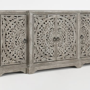 Sideboard Media Console with Carved Doors in a grey whitewash by Terra Nova Furniture Los Angeles 