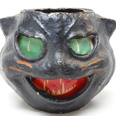 Antique 1940's Black Cat Head Halloween Lantern, made with Pulp Paper Mache, Vintage Retro 