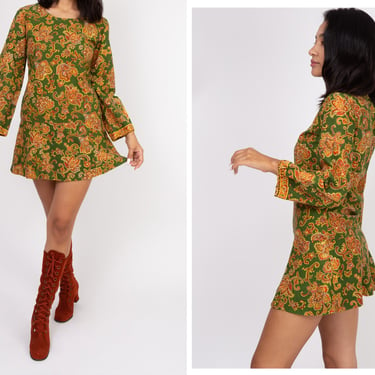Vintage 1970s 70s Green Psychedelic Paisley Lightweight Cotton Bell Sleeve Mini Dress 