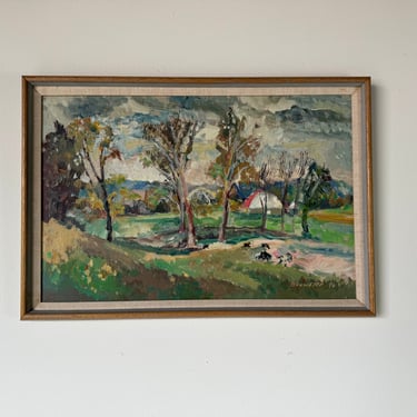 1986  Brewster Impressioniost Abstract Rural Landscape Oil Painting, Framed 