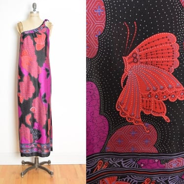 vintage 70s dress one shoulder butterfly print black long maxi disco sundress S clothing 