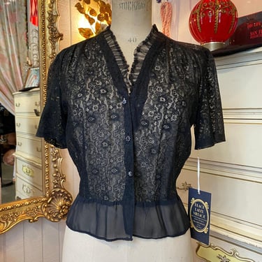 vintage 1940s sheer black lace blouse med film noir silk chiffon 40s fashion 36 