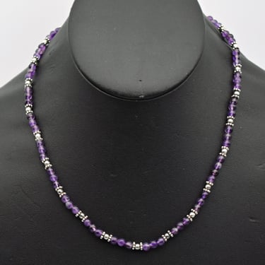 Boho 70's amethyst sterling princess length chain, elegant 925 silver purple beads hippie necklace 