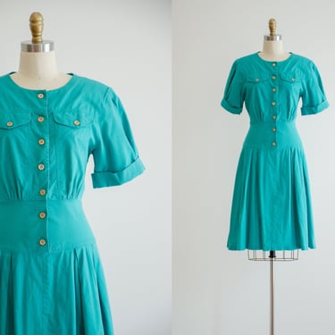 cute cottagecore dress | 80s vintage grass green cotton nipped waist fit and flare dress 