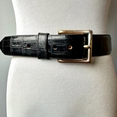 90’s black leather belt Large chunky silver tone buckle~ Women’s trouser belt perforated leather embossed leather 1990 trendy boho~ SM 30 