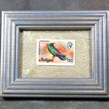 Vintage Antigua Hummingbird Stamp Art | Antillean Crested Hummingbird Stamp | Global Vintage Decor | Authentic Stamp Mounted & Framed 