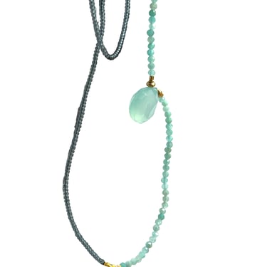 Debbie Fisher | Grey Seed Bead with Amazonite, Gold Vermeil, and Calcite Drop Necklace