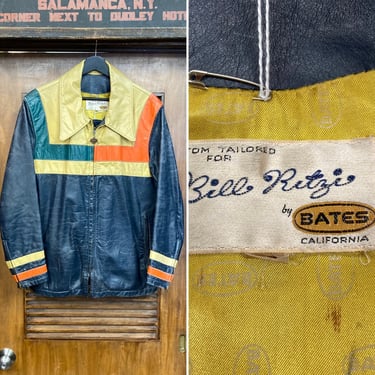 Vintage 1970’s Size XL “Bates” Two-Tone Mod Racing Style Leather Jacket, 70’s Vintage Clothing 