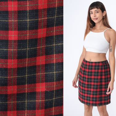 Plaid Mini Skirt 90s Red Faux Wrap Checkered Skirt School Girl Pencil High Waisted Wool Blend Clueless Retro Tartan Vintage 1990s Large 12 