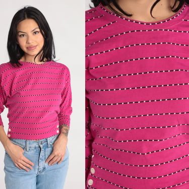 Striped Esprit Shirt 90s Deep Pink T Shirt 3/4 Sleeve Top Black Tee Basic Retro Tee Vintage Basic Tshirt Casual Top Small S 