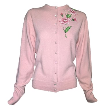 1950s Schiaparelli Pink Cashmere Hand Painted Floral Sweater