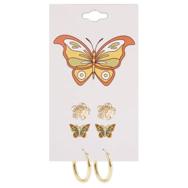 Gold Flower Butterfly Post Hoop Earrings Set