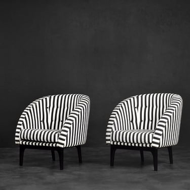 Vintage Mid-Century Scandinavian Modern Rounded Armchair with Black & White Stripes, 1960s, Set of 2 