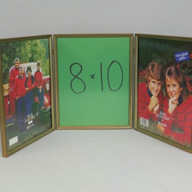 Vintage Tri-Fold Hinged Picture Frame - Triple Gold Tone Tabletop Metal Frame w/ Non-Glare Glass - Holds Three 8
