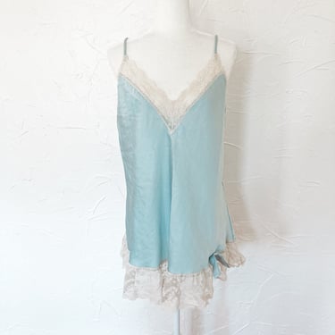 70s Sky Blue Satin and Cream Lace Lingerie Slip Dress | Large 