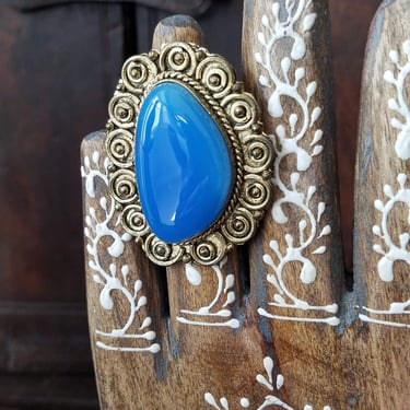 Abstract Blue Gemstone Ring Size 7~Big Boho Statement Ring~Swirl Design Solid Brass~Gifts for her~JewelsandMetals 