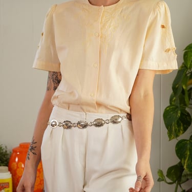 Embroidered Cutout Blouse Puff Sleeves Linen Cotton Butter Yellow Cutwork Blouse Floral Cut Out Top 80s Short Sleeve 1980s Button Up S/M 