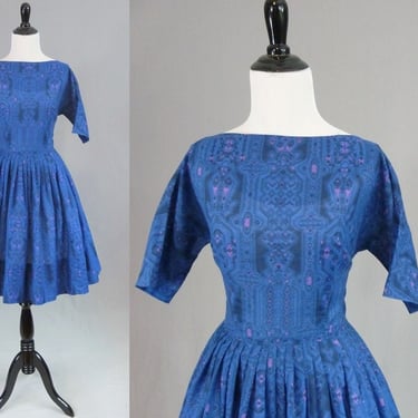 50s 60s Party Dress - Blue Purple Black - Full Skirt - Vintage 1950s 1960s - S 
