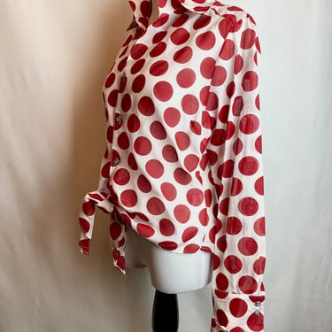 Y2k sheer white with red polkadots blouse~ wide collar tied waist french cuffs cropped button up shirt size 8 Farinaz Taghavi 