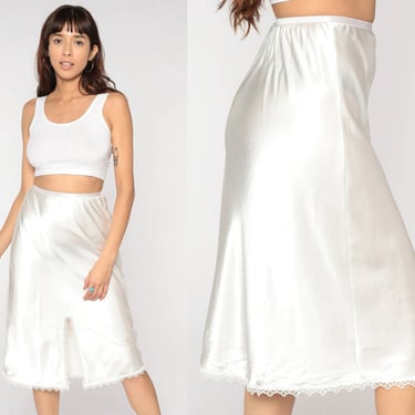 90s Satin Slip Skirt White Midi Skirt Party Lingerie Retro Romantic Feminine High Waisted Half Slip Lace Trim Vintage 1990s Small Medium 