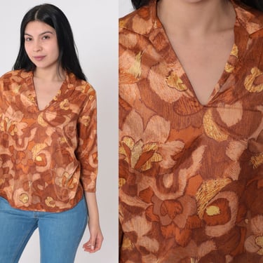 Floral Blouse 70s Boho Top Warm Earth Tone Abstract Flower Print Shirt Collared V Neck 3/4 Sleeve Brown Tan Orange Vintage 1970s Medium M 