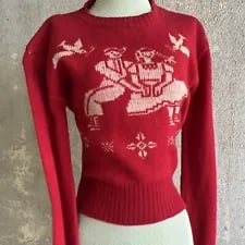 Vintage 1930s 1940s Red Wool Knit Figural Sweater Lovers Holding Hands Birds