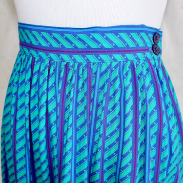Vintage 80s Abstract Skirt, 1980s Striped Skirt, Geometric Print, High Waisted, Midi, Blue 