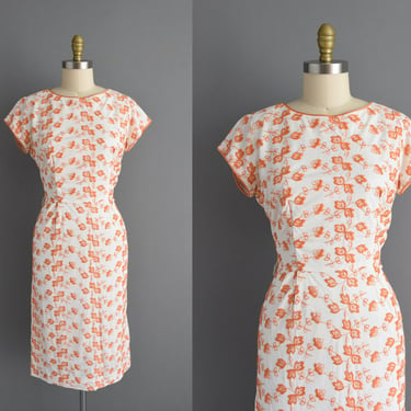 1950s vintage dress | Embroidered Orange Floral White Pencil Skirt Dress | Large | 50s dress 