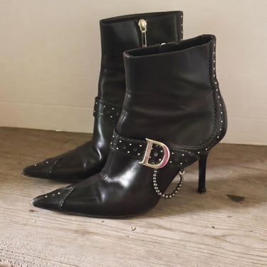 Christian Dior Spring/Summer 2004 D'Trick Check Pearl + Studded Embellished Pointed Toe Ankle Boots sz 37 Harness John Galliano Minimal CD 