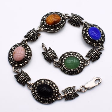 60's Egyptian Revival gemstone scarabs sterling marcasite bracelet, Art Deco A 925 silver pyrite beetles statement 