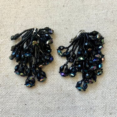 Vintage BLACK BEAD Statement Chandelier Earrings / Waterfall Dangle Drop / Multi Strands of Beads /  Clip On 